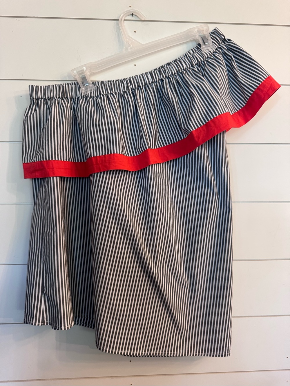 Vince Camuto Black and White Striped Off-Shoulder Top with Red Trim Ruffle Sz. M